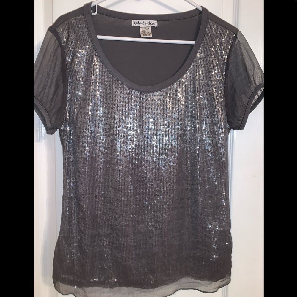 Rachael & Chloe Grey Sheer Sequined Top Medium